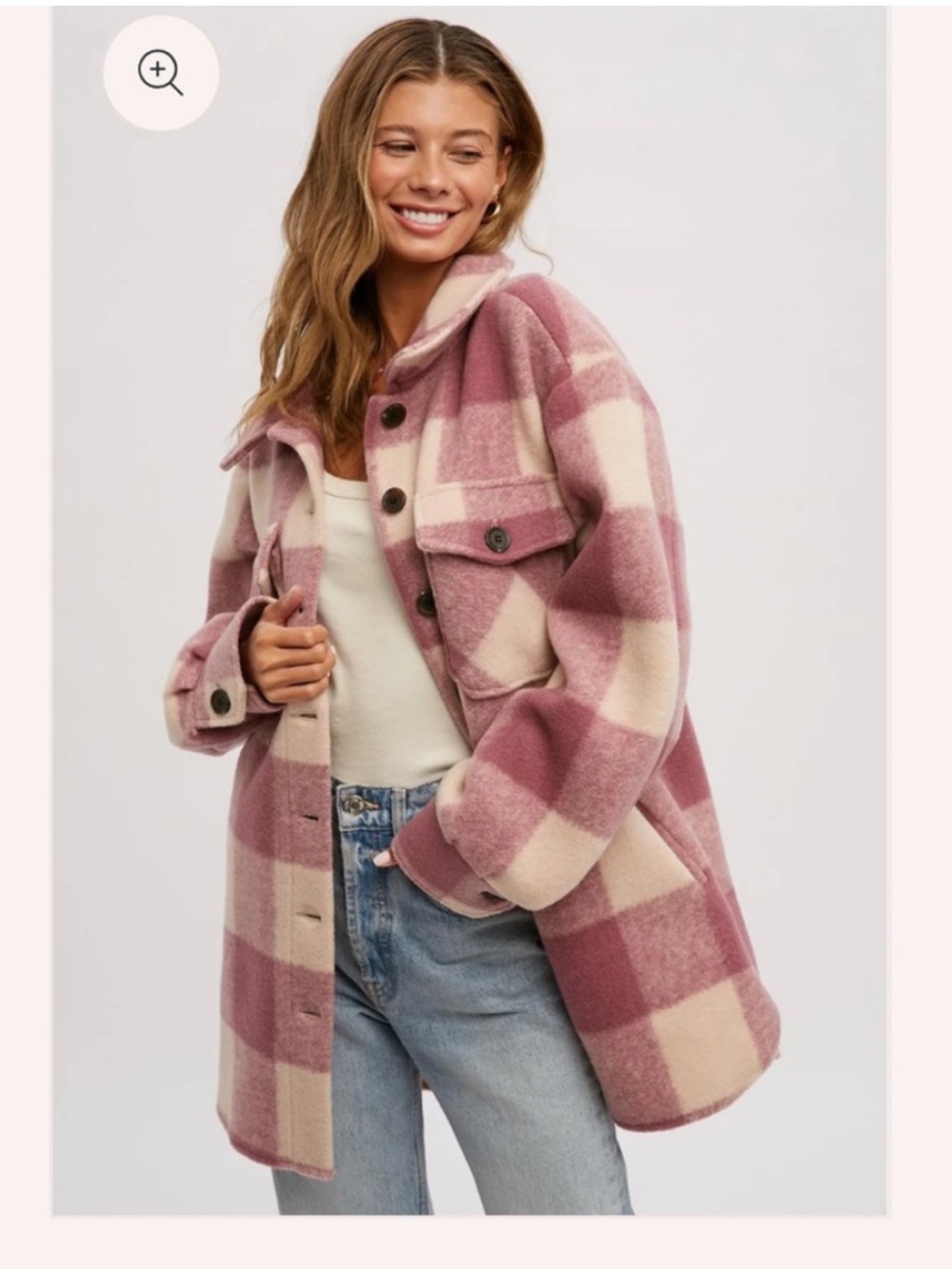 Abercrombie & Fitch Eliza Wool Cream and Pink Plaid Oversized Shacket Sz M
